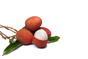 lychee with leaves on white background