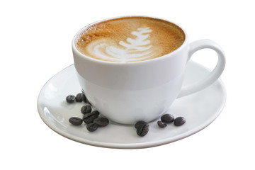 Coffee cup on wooden table isolated on white background with clipping path. Business time with coffee, Coffee cup for product display, free copy space. Industrial food, drink background concept.