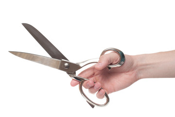 Hand holding big steel scissors, industrial tool
