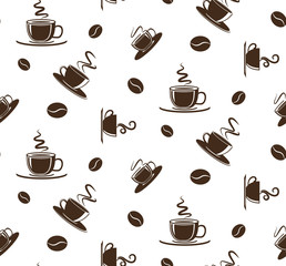 Coffee pattern. Pattern with coffee cups and grains of coffee.