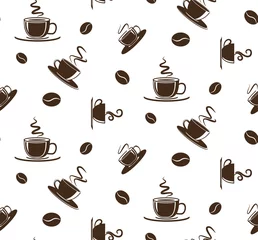 Fototapete Kaffee Kaffee-Muster. Muster mit Kaffeetassen und Kaffeekörnern.
