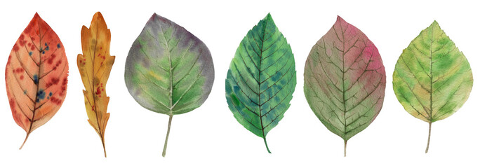 Obraz premium A set of leaves. Watercolor painting set of leaves on a white background. Hand draw watercolor illustration. Design element. Elegant leaves for art design. Autumn Botanical clipart.