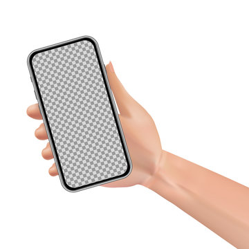 Realistic woman hand holding smartphone with blank screen isolated on white background. Vector illustration