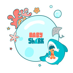 Template of childrens round frame, cute sea illustrations, cartoon shark and funny characters.
