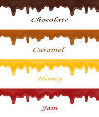 A realistic set of dripping melted chocolate, caramel, honey and jam. For desserts design and for cakes.