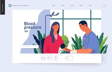 Medical tests template - blood pressure test - modern flat vector concept digital illustration of blood pressure measurement procedure - a patient and doctor with a meter, medical office or laboratory