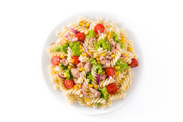 Pasta salad with vegetables isolated on white background. Top view