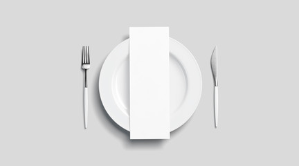 Blank white menu mockup on plate with cutlery, top view, isolated, 3d rendering. Clear brochure with sheets for breakfast or dinner mock up. Empty vertical paper flyer template in restaurant or cafe.