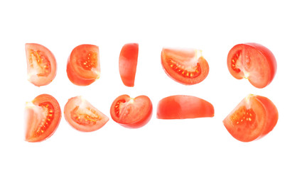 Red tomato slice collage isolated on white background