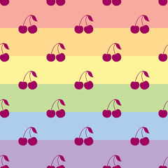 Cherries on rainbow background. Vector seamless pattern.