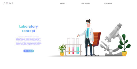Medical research laboratory concept in cartoon style. Cartoon character laboratory assistent. Pharmaceutical or chemical lab with microscope and test tubes equipment business landing page tamplate
