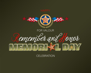 Holiday design, background with handwriting and 3d texts, military medal and national flag colors for Memorial day, event, celebration; Vector illustration