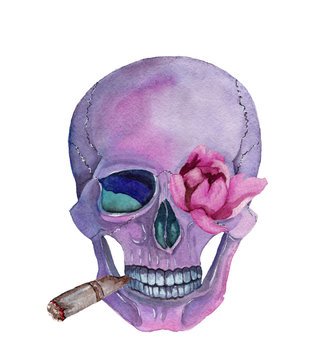 Human skull with flowers, ornamental decor and in vintage boho style. Watercolor.