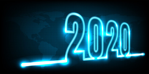 Happy New Year 2020. technology abstract with glowing neon light on earth