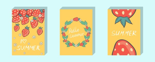 Vector illustration. Strawberries on a yellow background. Postcard, template, banner, background, poster.
