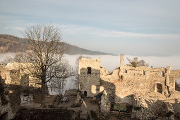 Fototapeta na wymiar ruins of Povazsky hrad castle in Slovakia with tree snd hill on the background