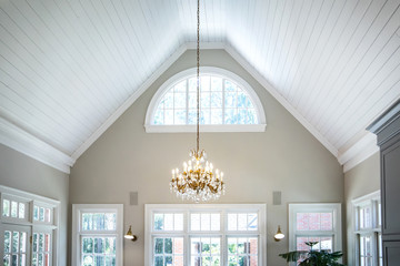 Open Concept Living Room Den with Vaulted Ceilings and Lots of Windows with a Neutral color palette