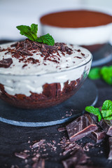 Delicious homemade chocolate cheesecake with cocoa and mint