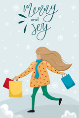 Vector Merry Christmas and Happy New Year greeting card. girl with paper bags with gifts in their hands. Christmas shopping.