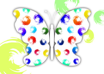 Beautiful abstract background with white butterfly silhouette on a white background. Creative design of the wings, bright multi-color brush strokes.