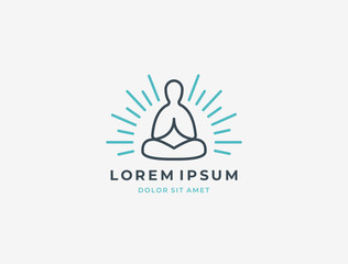 Abstract Yoga Logo. Modern linear vector icon. Fitness room, Yoga center, spa facilities, lotus flower, health, spa, meditation, harmony sumbol. Man in lotus pose icon.