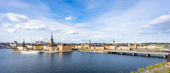 Panoramic view of the old town in Stockholm. Riddarholmen - historical part of the  Old Town in Stockholm. Cityscape of Gamla Stan Stockholm city.