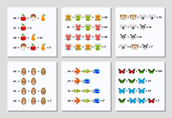 Mathematics educational game set for children. Advanced level. Learning division, multiplication equations, order of operations worksheet for kids Logical thinking Math Puzzle set. System of equations