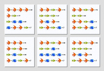 Mathematics educational game set for children. System of equations. Advanced level. Learning multiplication, addition, subtraction, order of operations, equations worksheet for kids. Math Puzzle set.