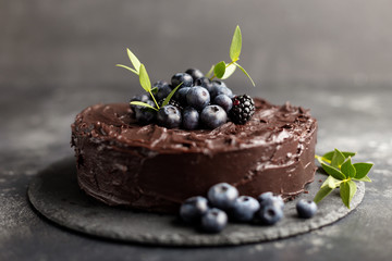 Close up copy space holiday cake on gray background