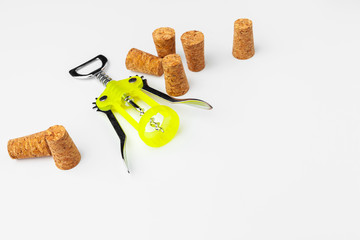 corkscrew and wine cork isolated on white background