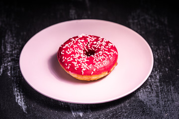 Donut. Sweet icing sugar food. Dessert colorful snack. Treat from delicious pastry breakfast. Doughnut with frosting.