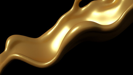 A splash of golden caramel on a black background. 3d illustration, 3d rendering.