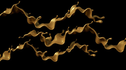 A splash of golden caramel on a black background. 3d illustration, 3d rendering.