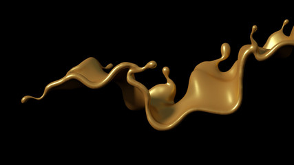 A splash of golden caramel on a black background. 3d illustration, 3d rendering.