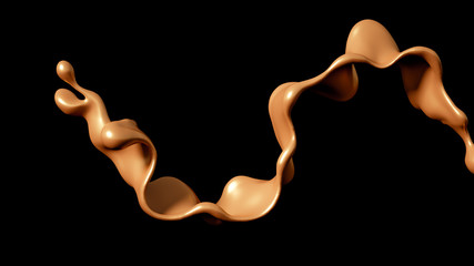 A splash of golden caramel on a black background. 3d illustration, 3d rendering.