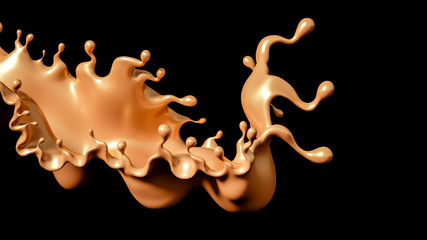 A splash of golden caramel on a black background. 3d illustration, 3d rendering.