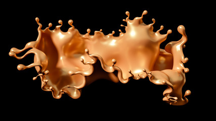 A splash of golden caramel on a black background. 3d illustration, 3d rendering.