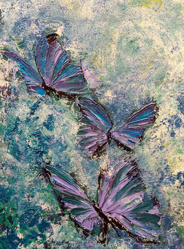 Oil painting on canvas in the style of monotype flying butterflies.
