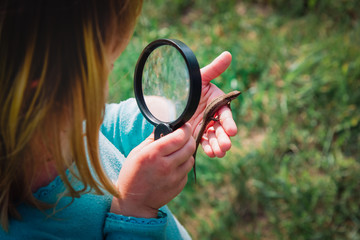 kids learning - child exploring lizard with magnifying glass