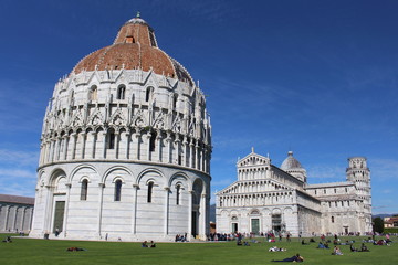 the Piazza dei Miracoli with the Baptistery, the Duomo and the Leaning Tower of Pisa