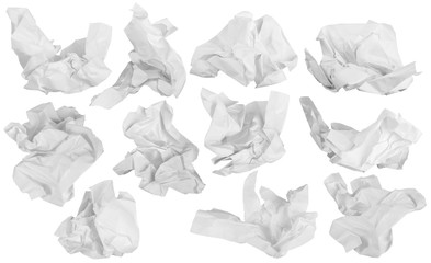 collection of various garbage crumpled paper isolated on white background.