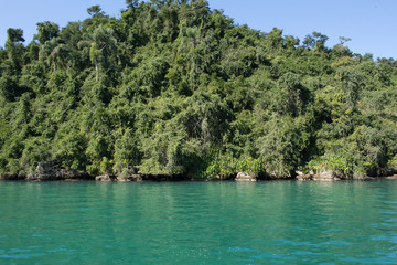 Obraz premium The sea is blue and have vegetation all around. The sky is blue with some clouds. 