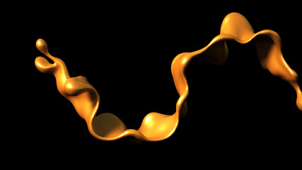 A splash of golden caramel on a black background. 3d illustration, 3d rendering.