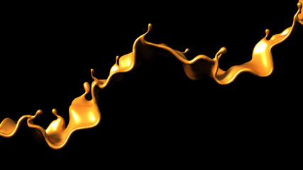 A splash of golden caramel on a black background. 3d illustration, 3d rendering.