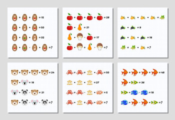 Mathematics educational games set for children. System of equations. Advanced level. Learning multiplication, addition, subtraction, order of operations, equations worksheet for kids. Math Puzzle set.