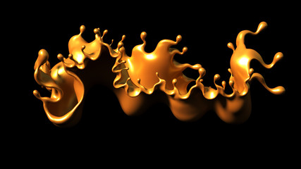 A splash of golden caramel on a black background. 3d illustration, 3d rendering.