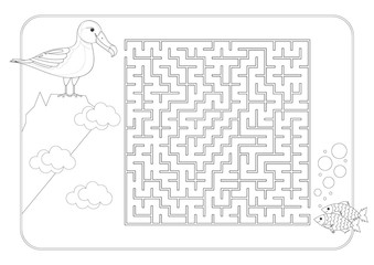 Labyrinth, maze conundrum coloring book page for kids. Advanced level of complexity. Albatross and a fish. Entry and exit. Puzzle game for development of thinking and mental abilities of your child. 