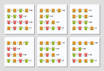 Mathematics educational game set for children. System of equations. Advanced level. Learning multiplication, addition, subtraction, order of operations, equations worksheet for kids. Math Puzzle set.