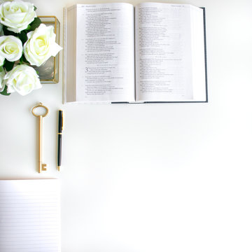 House plant, open bible, pen, notebook, and — Photo — Lightstock