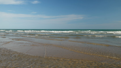 summer beach with clear blue sky and clouds